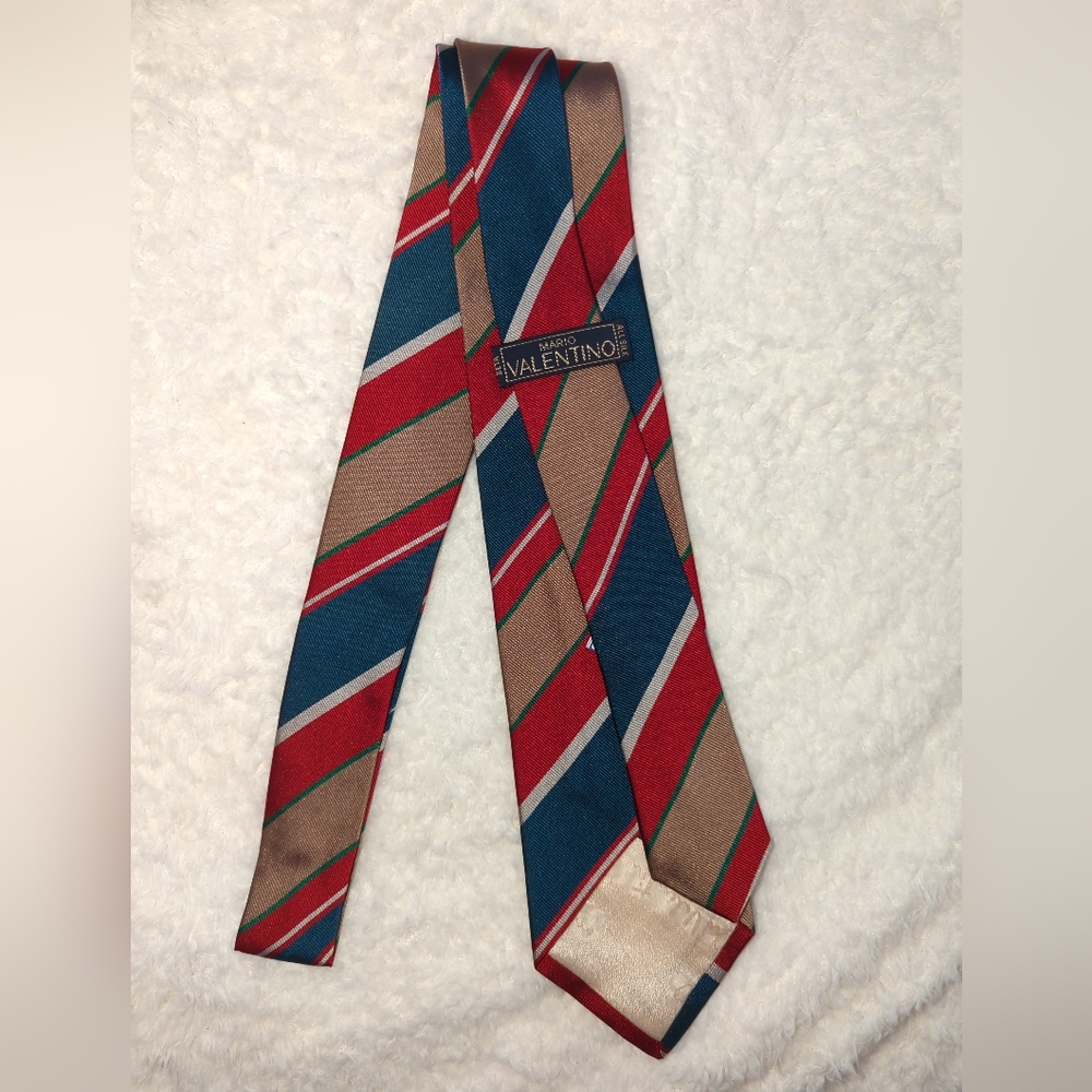Mario Valentino Men's Tie Red Blue, and Tan Stripes Prom Hoco Career Wedding Lux